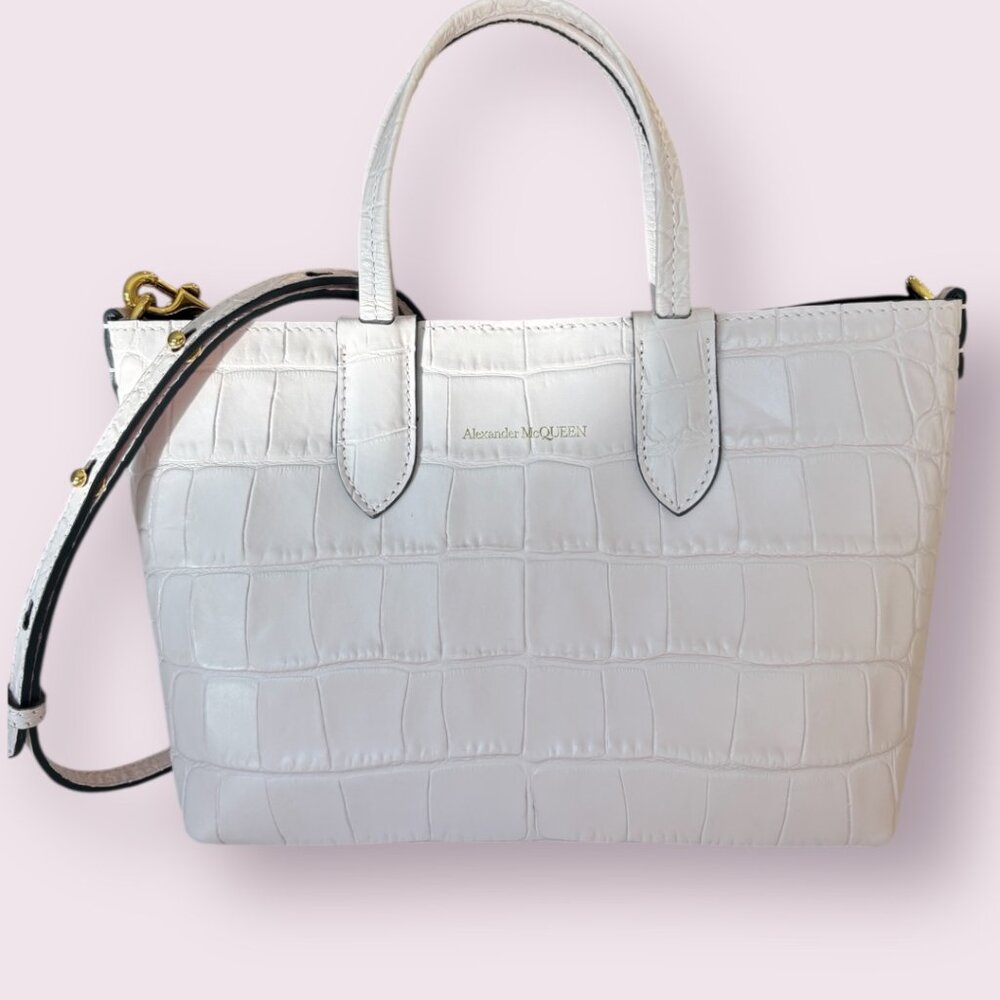 Authentic Alexander McQueen Croc-Embossed Leather Mini Satchel Rare Light Pink